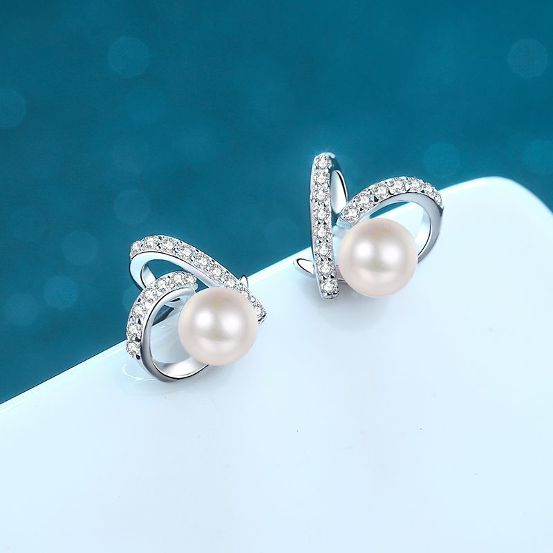 Moissanite Diamond Silver Freshwater Pearl Stud Earring