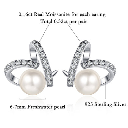 Moissanite Diamond Silver Freshwater Pearl Stud Earring